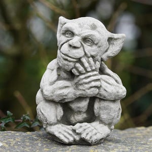 Reconstituted stone sprite b statue | vintage gargoyle gremlin outdoor decoration garden ornament