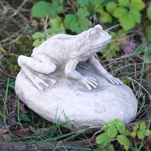 May include: A weathered, gray stone frog sculpture resting on a rounded stone base. The frog has detailed features, including closed eyes and outstretched front legs. The sculpture is set in a natural outdoor environment with grass and foliage.