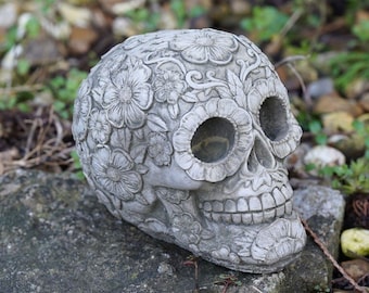 Floral skull stone statue | outdoor gothic skeleton garden ornament decoration