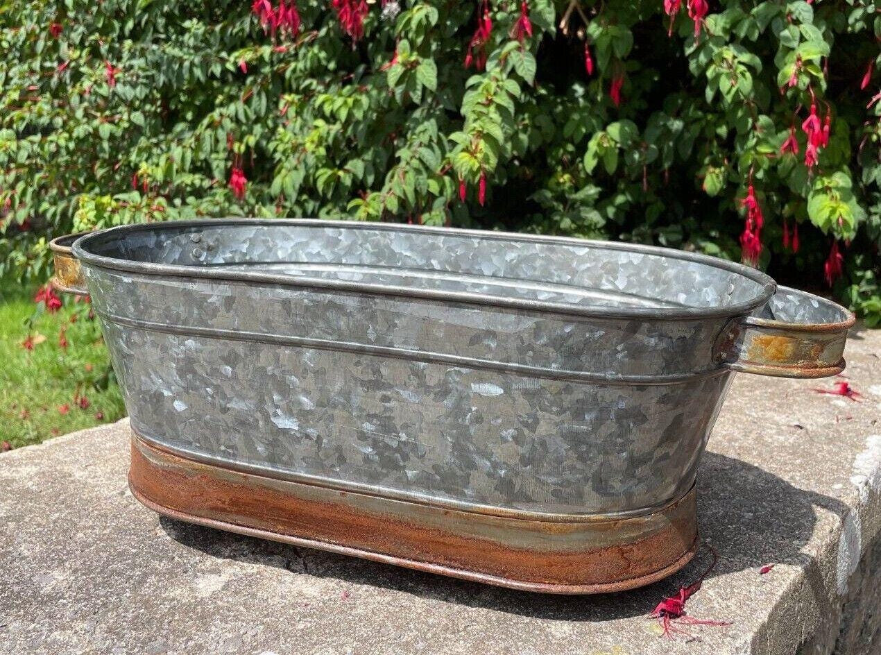 Set or 1 Galvanised Zinc Large Metal Planters Troughs Outdoor Garden ...