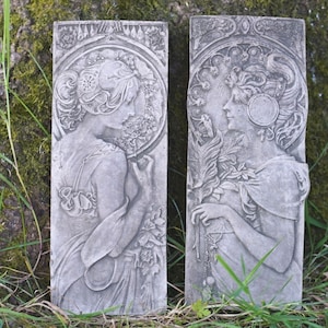 Jugendstil Garten-Wandplatte | Stein hängende Statue Outdoor-Deko Dame Fee Blumen Schild Geschenk