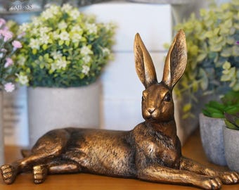 Gold Laying Hare Home Ornament | Golden Bunny Rabbit Statue Garden Indoor Decor