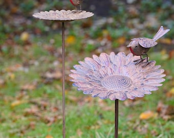 Robin Sunflower Bird Feeder Bath Metal Garden Ornament Outdoor Statue | British Bird Watcher Gardening Large Gift