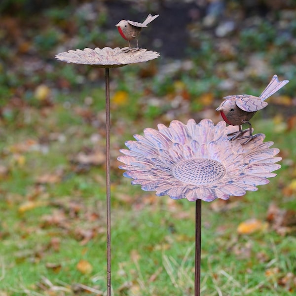 Comedero para pájaros Robin Sunflower, adorno de jardín de metal, estatua para exteriores / Regalo grande para observadores de aves británicos y jardineros