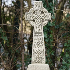 XL Celtic Cross Stone Statue on Base | Outdoor Garden Ornament Large Decoration Religious British Standing Sculpture