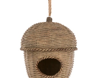 Rustic wood effect bird house | garden hanging bird feeder woven style nest box