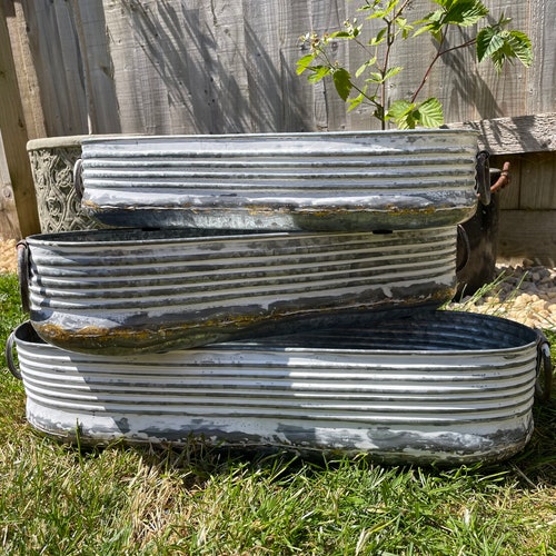 Set or 1 Galvanised Zinc White Washed Long Planter | Garden Trough Ribbed Pot