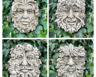 Set 4x four seasons green man stone hanging plaque | ivy outdoor garden ornament gift