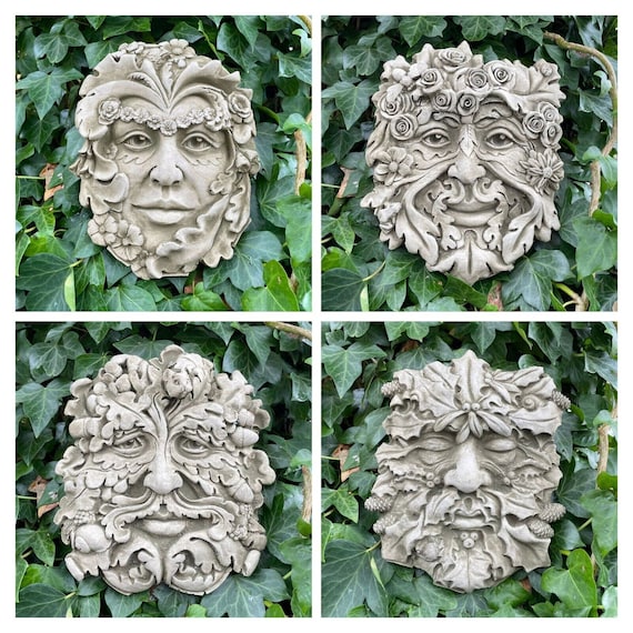 Set 4x Four Seasons Green Man Stone Hanging Plaque | Ivy Outdoor