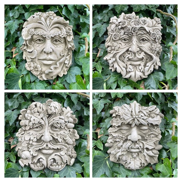 Ensemble 4x plaque suspendue en pierre homme vert quatre saisons | cadeau d'ornement de jardin extérieur de lierre