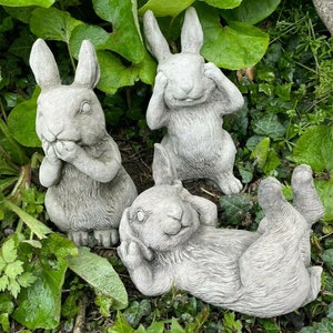 Set 3x rabbits stone statue | reconstituted outdoor bunny hare garden ornament