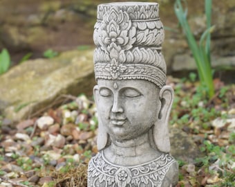 Photophore bouddha thaïlandais en pierre | Cadeau buste ornement extérieur jardin vintage moine oriental