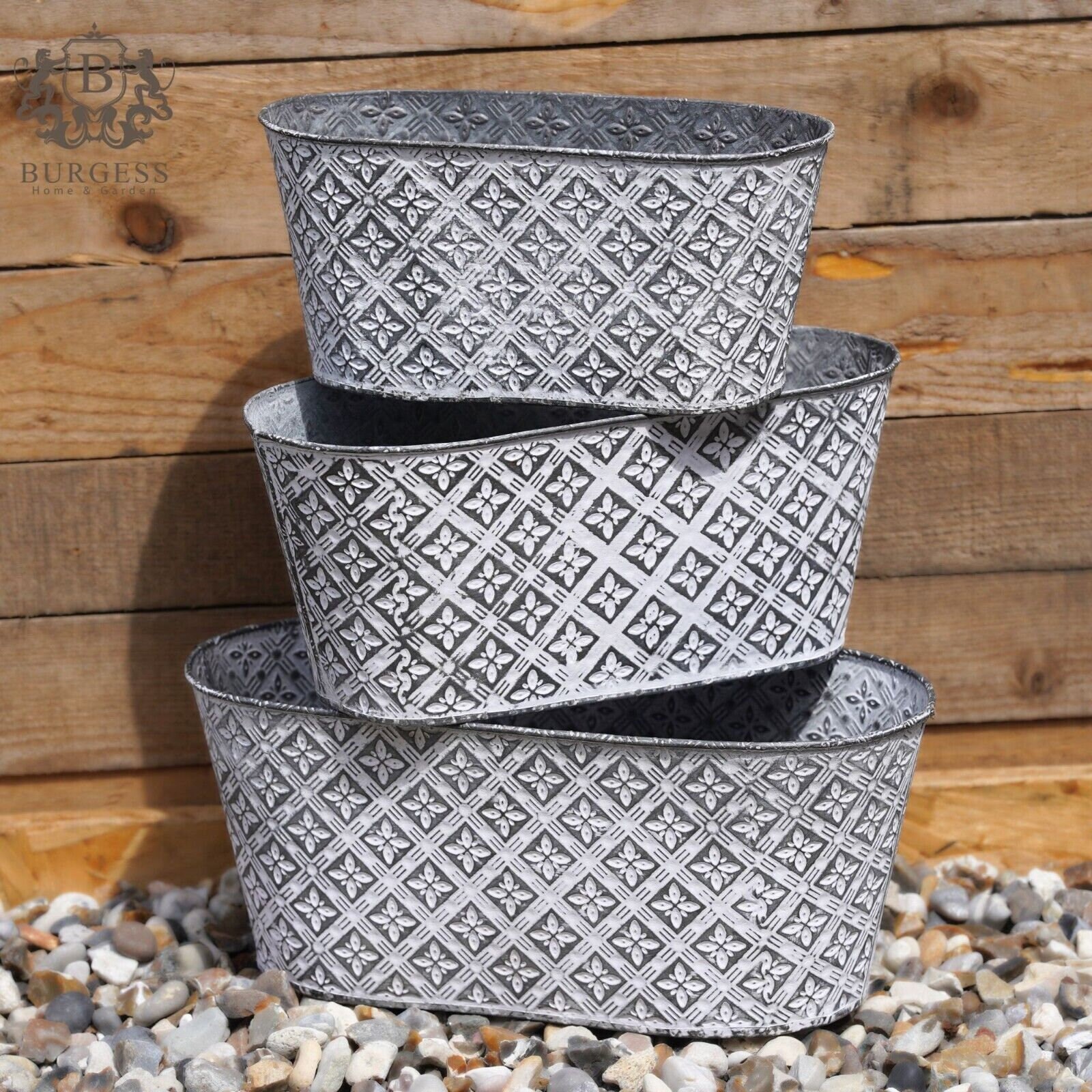 Floral rose galvanised metal planter | outdoor vintage flower pot garden trough