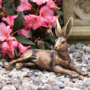 Golden Laying Hare Statue | Indoor Outdoor Garden Bunny Rabbit Resin Animal Decor Ornament British Gift