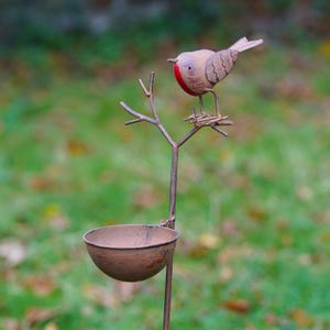 May include: A metal bird feeder with a small, brown bird with a red breast perched on a branch. The bird is above a small, round, brown bowl. The feeder is made of metal and has a rustic, weathered appearance.