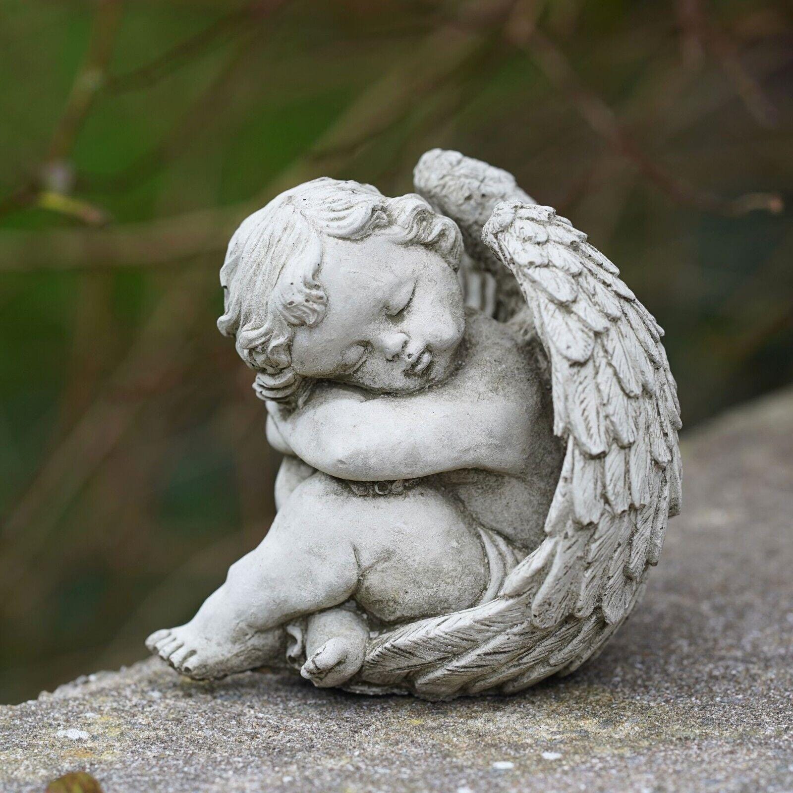 Sleeping Cherub Stone Statue | Outdoor Angel Fairy Garden Ornament ...