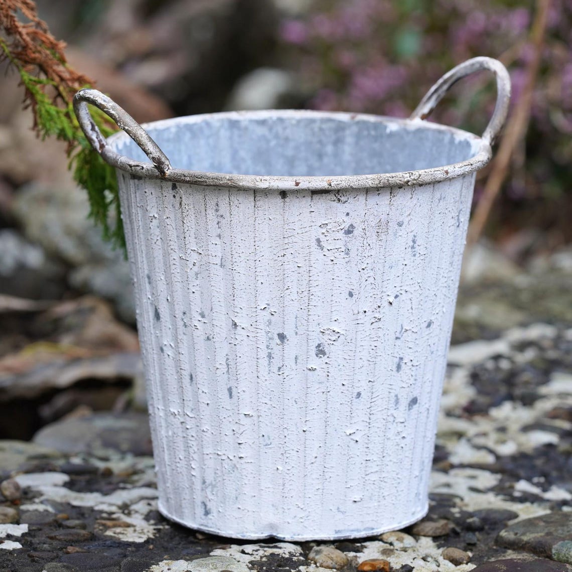 Zinc Metal Flower Pot Ribbed Planter With Handles Vintage Style Outdoor ...