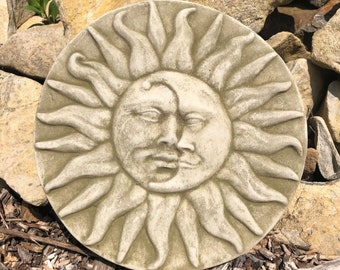 Sun + moon stone hanging plaque | mediterranean outdoor statue garden ornament