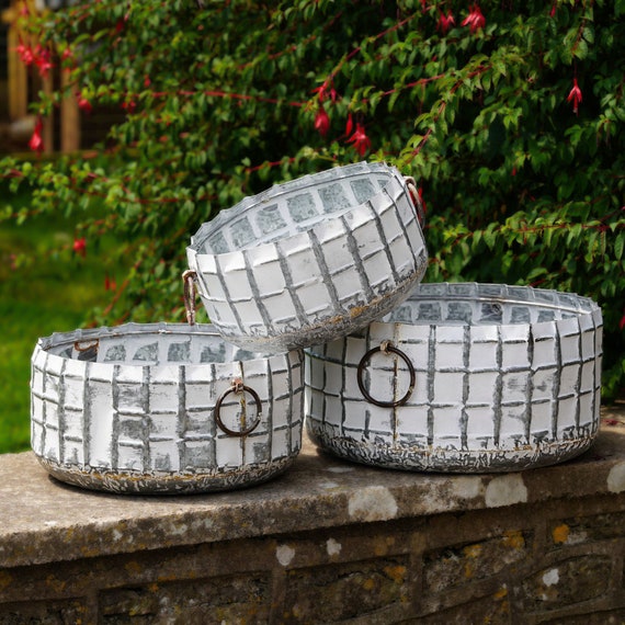 Metall galvanisierter großer Blumenkasten white wash Karo Set 3 | Stahl Garten Blumentopf Trog Outdoor Dekoration