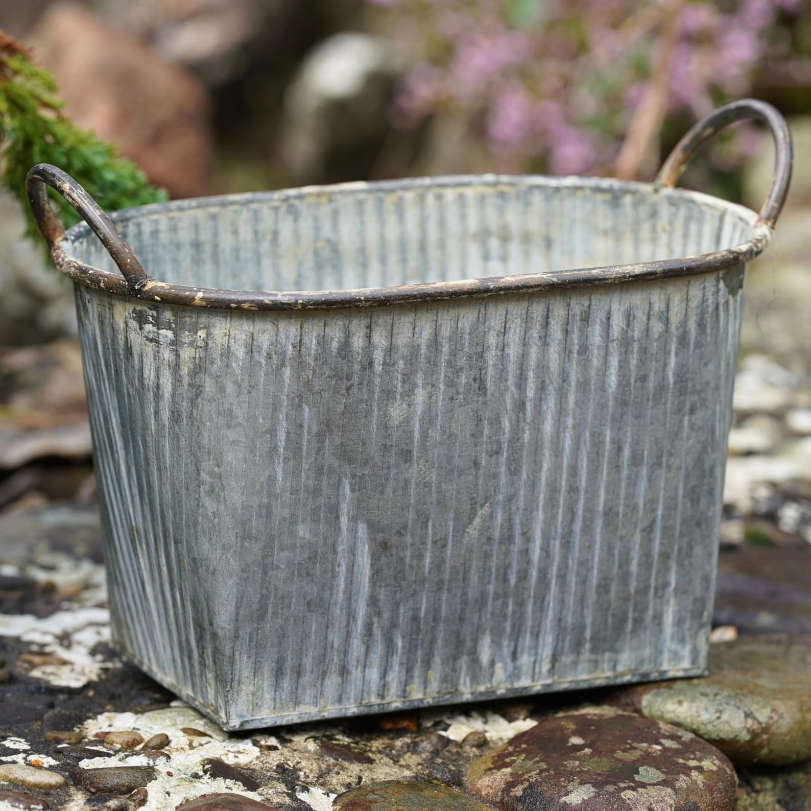 Zinc Metal Flower Pot Ribbed Planter With Handles Outdoor Garden ...