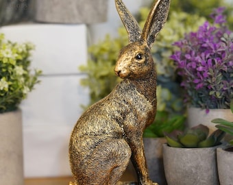 Decorazione per la casa a forma di lepre dorata / Statua di coniglio dorato seduto, decorazione da giardino e da interno