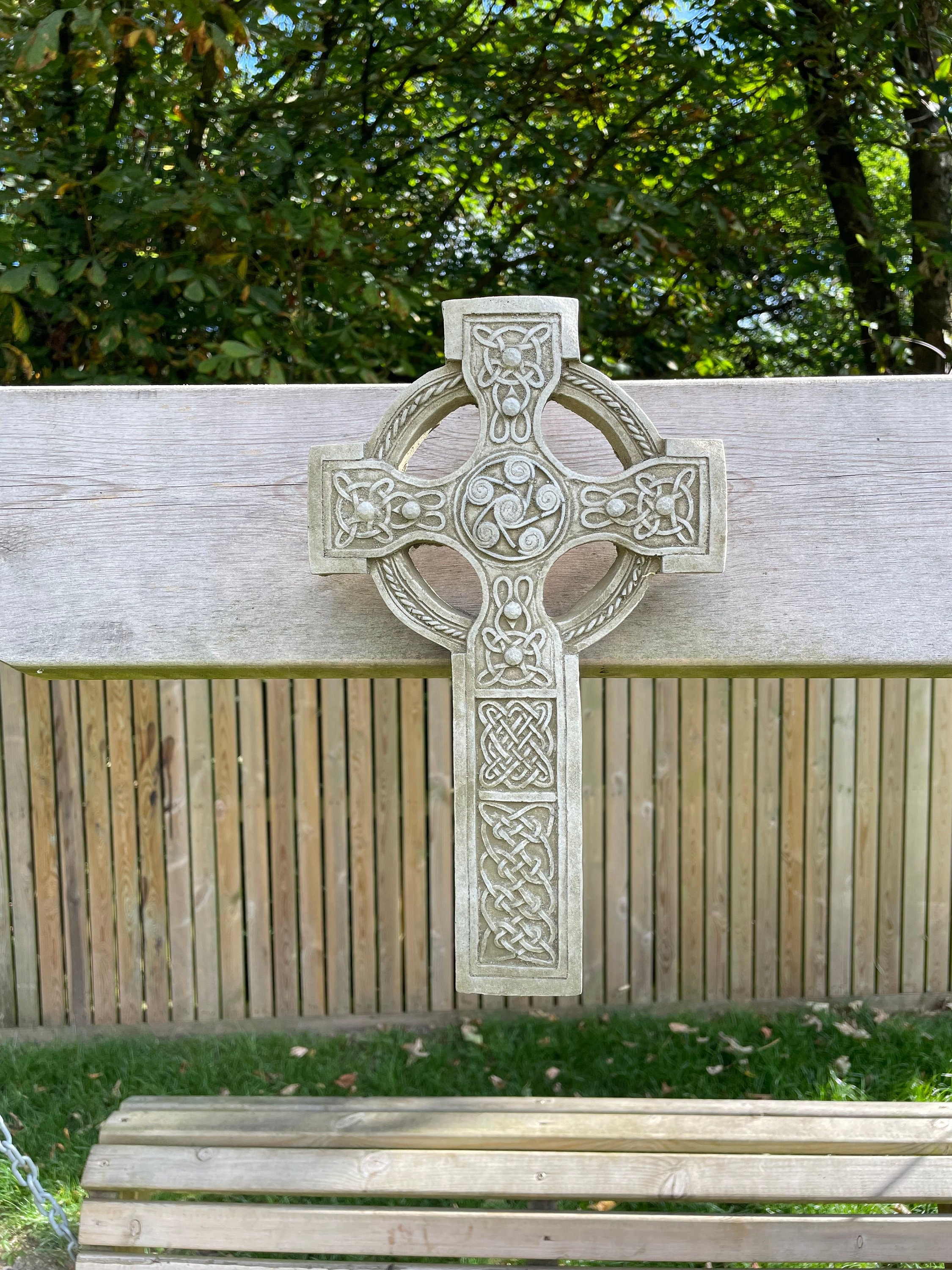 Reconstituted stone celtic cross hanging plaque statue | vintage garden ornament