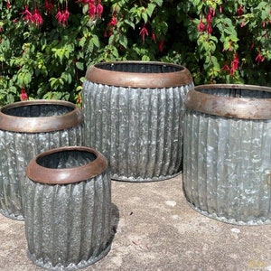 Galvanised vintage short dolly tub set 4 | metal steel garden pot trough planter