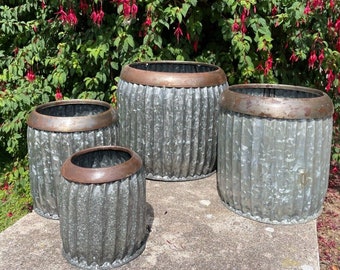 Galvanised vintage short dolly tub set 4 | metal steel garden pot trough planter