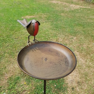 May include: A metal bird bath with a decorative robin perched on the edge. The robin has a red breast and is made of metal. The bird bath has a round, shallow bowl and a dark brown finish. The bird bath is supported by a thin metal pole.