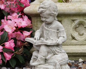 Garçon lisant une statue de pierre | Décoration de jardin en plein air pour enfant