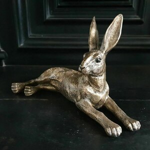 Golden Laying Hare Statue | Indoor + Garden Bunny Rabbit Animal Decor Ornament