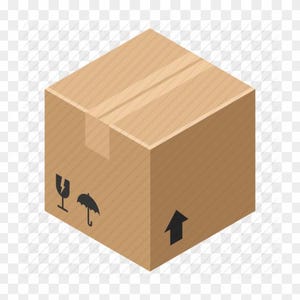 Puede incluir: Una caja de envío de cartón marrón en vista isométrica. La caja presenta una solapa superior sellada y tres iconos negros impresos en el lateral: una copa de vino rota, un paraguas y una flecha que apunta hacia arriba.