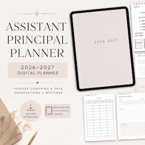 Puede incluir: Un planificador digital para subdirector 2026-2027 mostrado en una pantalla de tableta, con varios diseños de página internos que incluyen índice, portafolio de profesor, registro, observaciones, datos, notas de reuniones y registro de comunicación.