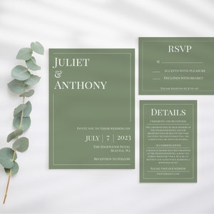 Sage Green and White Wedding Suite Invite Detail RSVP Printable Template Download DIY Editable Templett The Juliet