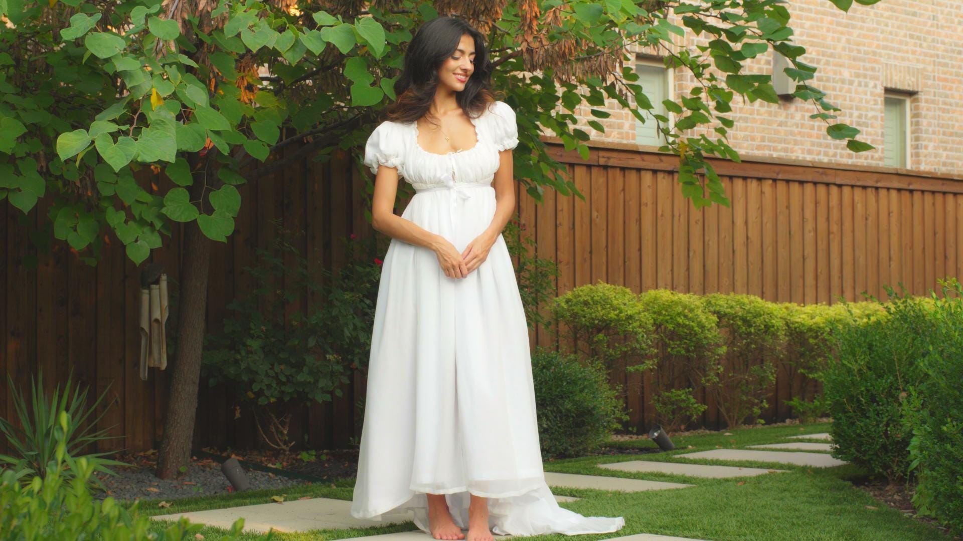 white christmas dresses Bridgerton Inspired Cream Regency Era Dress with Chiffon Ruffle main image 0