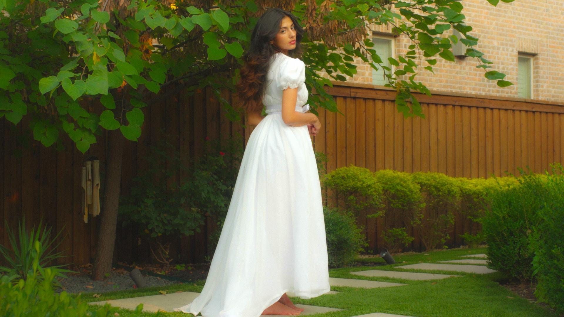 white christmas dresses Bridgerton Inspired Cream Regency Era Dress with Chiffon Ruffle