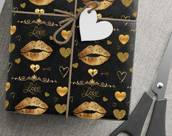 Cadeaupapier met gouden lippen | Zwarte metalen hartjes, elke gelegenheid