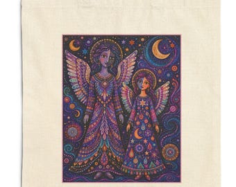 Mystical Moon Angels Tote Bag | Sophie Angel and Elsbeth Angel | Boho Celestial Art, Starry Night Canvas