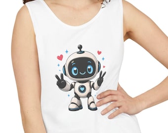 Cute Heart Robot Peace Sign tank top| Kawaii Robot Graphic Tee | Positive Message Robot with Hearts