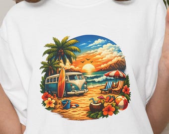 Vintage Hawaiian Sunset Surfing Scene Tshirt | Tropical Beach Graphic | Fun Birthday Gift