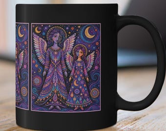 Mystical Angel Sisters Mug | Angels Sophie & Elsbeth | Purple Celestial Moon Stars Boho Artwork Mug | Black Ceramic Coffee Cup