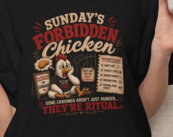 T-shirt zondag verboden kip | Retro kipillustratie, leuke kippenhumor