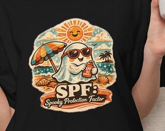 Sunshine Super Cute Ghost on the Beach SPF grafisch T-shirt | Retro Beach Surf Vibes Griezelige beschermingsfactor