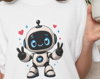 Schattig T-shirt met vredesteken robot hart | Kawaii T-shirt met robotafbeelding | Positief bericht: