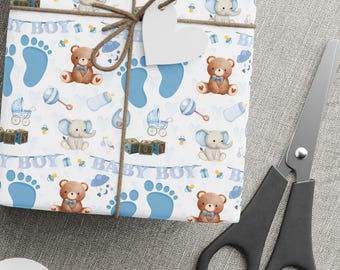 Uniek inpakpapier babyshower: blauwe voetafdrukken, teddybeerafdruk