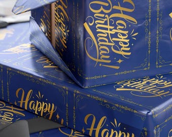 Elegant Gouden Gelukkige Verjaardagspatroon Cadeaupapier | Blauw goud