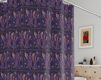 Purple Mystic Angel Pattern Shower Curtain | Moonlit Stained Glass Design