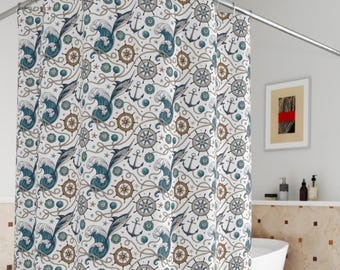 Tenda da doccia con motivo nautico di ancora e timone, onde del mare, tenda da doccia per appassionati di pesca, Airbnb, tema pesca, casa nuova, bagno nuovo