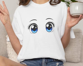 Big Blue Anime Eyes TShirt | Cute Kawaii Face Tee | Fun Birthday Gift