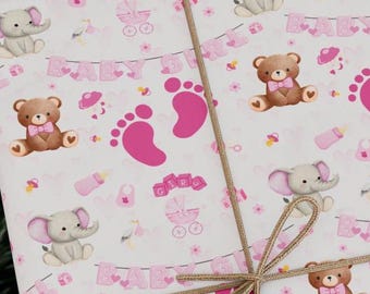 Uniek inpakpapier babyshower: fles blauwe voetafdruk teddybeer